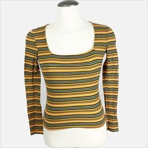 Antistar XS Mustard Multicoloured Striped Ribbed Long Sleeve Square Neck Top 🌈✨